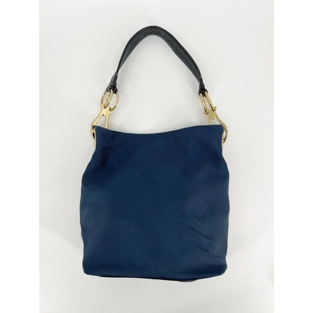 JPK Paris 75 Hobo Bucket Shoulder Bag Navy Blue Canvas Leather Strap Gold Buckle